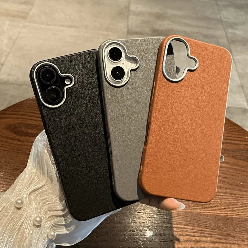 Funda Luxury Business Leather Texture Phone Cases For iPhone 17 12 13 14 15 16 Pro Max Plus Soft Silicone Shockproof Brown Cover
