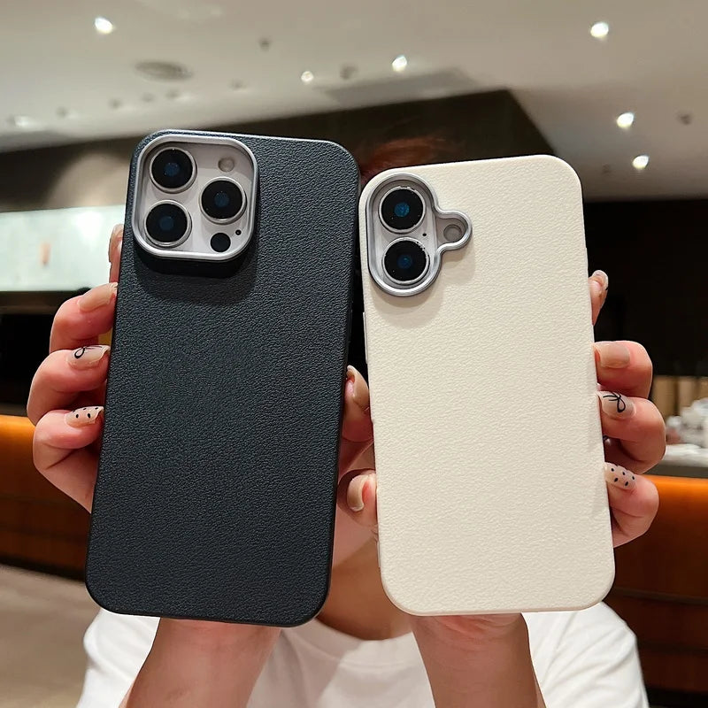 Funda Luxury Business Leather Texture Phone Cases For iPhone 17 12 13 14 15 16 Pro Max Plus Soft Silicone Shockproof Brown Cover