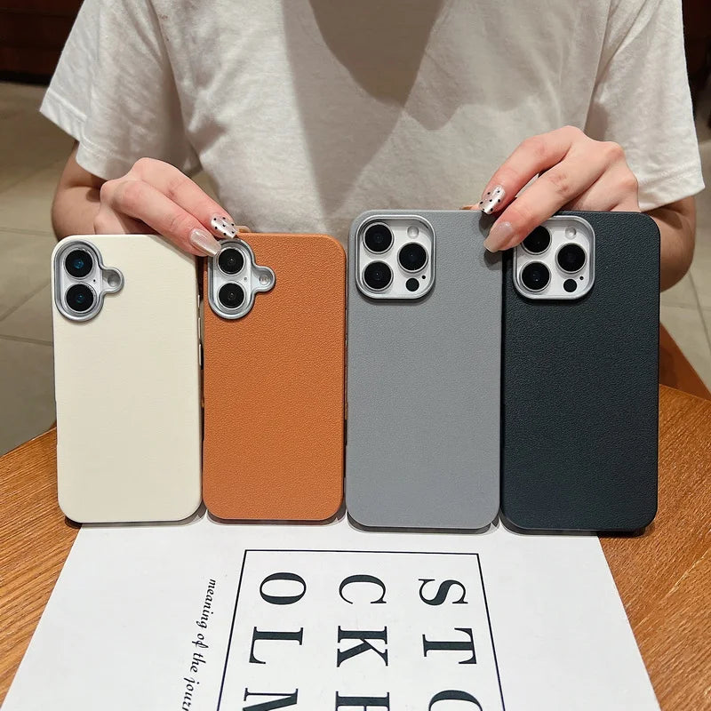 Funda Luxury Business Leather Texture Phone Cases For iPhone 17 12 13 14 15 16 Pro Max Plus Soft Silicone Shockproof Brown Cover